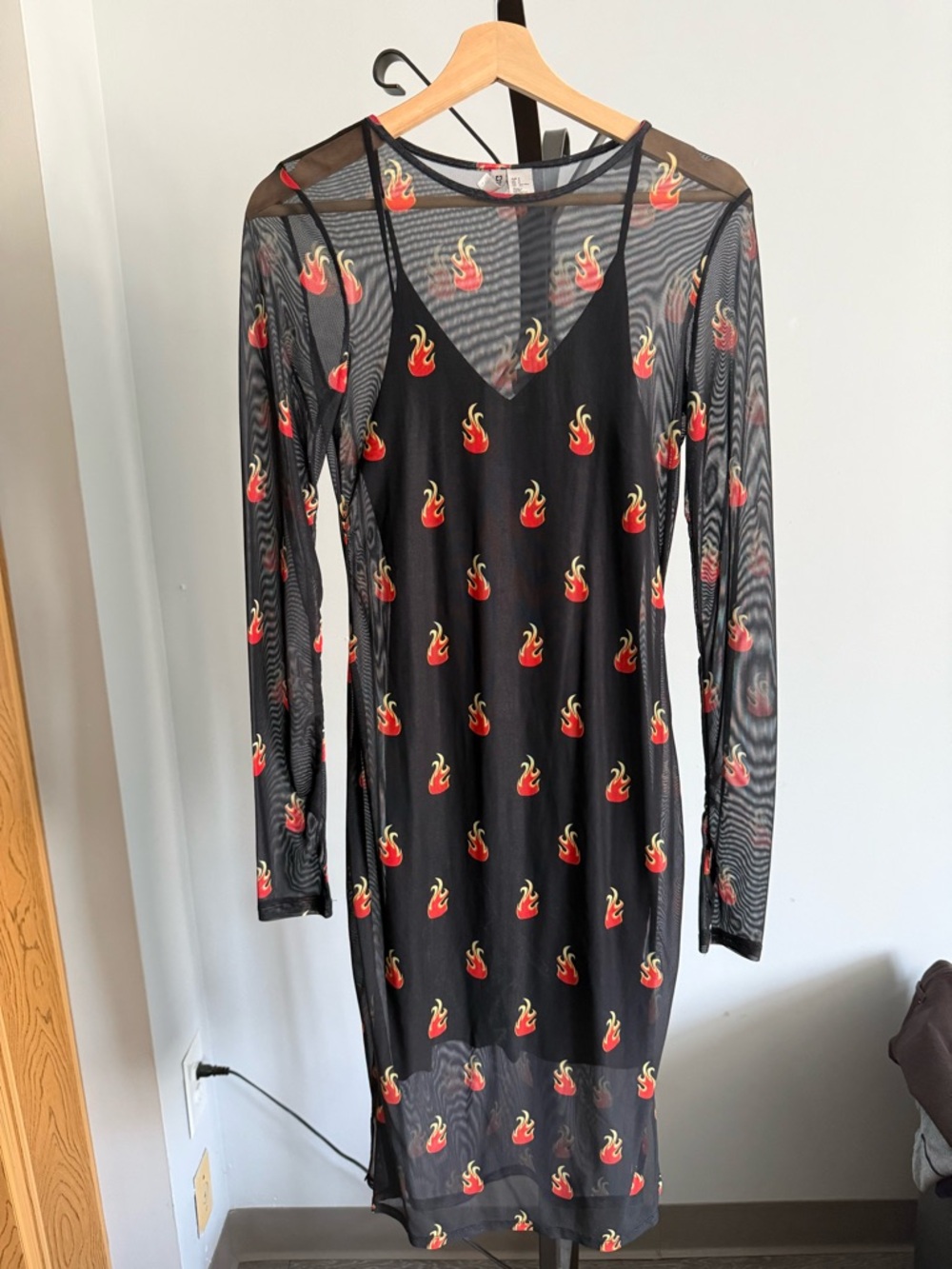 H&M Blue Mesh Long-Sleeve Dress with Red Flame Print